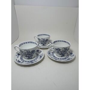 J&G Meakin Nordic Blue White Floral Tea Cup Saucer Set 3 Classic White England